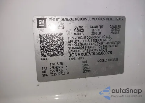 2020 Chevrolet Equinox Awd Lt 1.5L Turbo z USA, uszkodzony, nr VIN 3GNAXUEV0LS508078